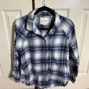 Lucky Brand Blue Plaid Button Down Shirt Frayed Hem Boho Size